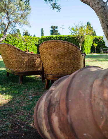 giardino con sedie in vimini, oggetti di antiquariato e alberi